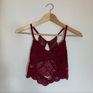 cross back burgundy red lace bralette